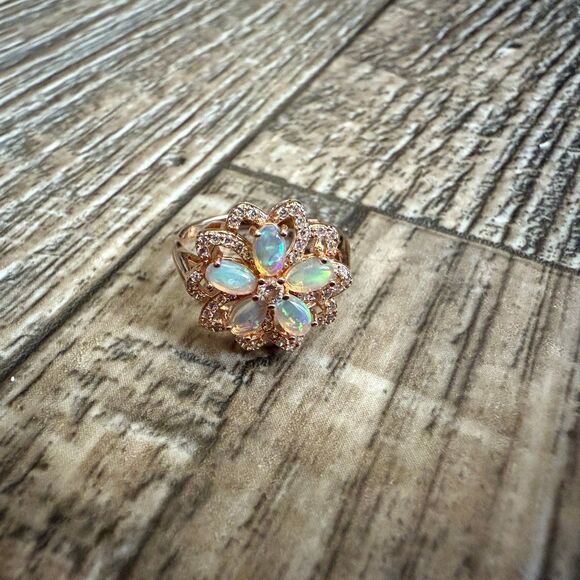 Australian Opal Rose Gold Plated Sterling Silver Flower Ring - Picture 5 of 8